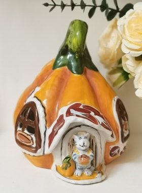 手绘陶瓷烛台南瓜猫摆件金丝熊仓鼠窝家居装饰摆件布鲁瓷微瑕