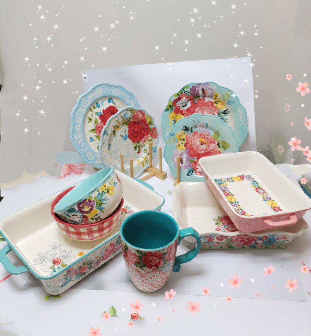 先锋女人花朵双耳烤盘/格子碗/珠点盘杯子微瑕捡漏杂款出口单