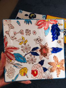 出口欧美正品库存陶瓷方/圆盘8寸花朵孔雀盘子餐具纯手工彩绘浮雕