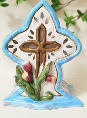 出口单布鲁瓷Bluesky陶瓷花朵镂空摆件十字架装饰品家居装饰摆件