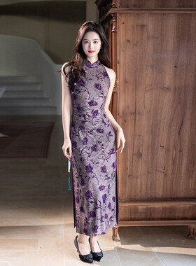 2026新款新中式时尚改良挂脖年轻紫色植绒旗袍扎染气质显瘦31611