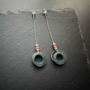 月末魔羯。原创。|长短| 老翡翠环。老银细麻花环。耳线。耳环