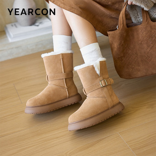 加绒保暖高筒棉鞋 新款 平底中筒雪地靴户外休闲 2025冬季 意尔康女鞋