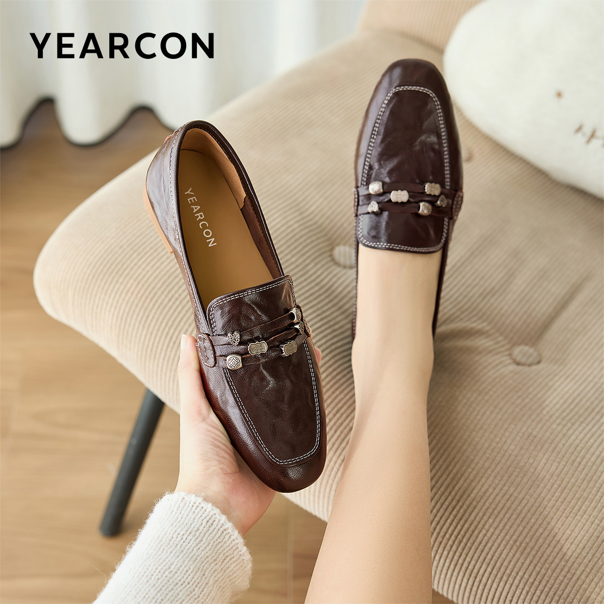 意尔康女鞋2026春季新款真皮小皮鞋通勤低跟气质乐福鞋配裙子单鞋,女鞋,乐福鞋（豆豆鞋）,淘宝优惠券,粉丝福利购,淘宝优惠卷