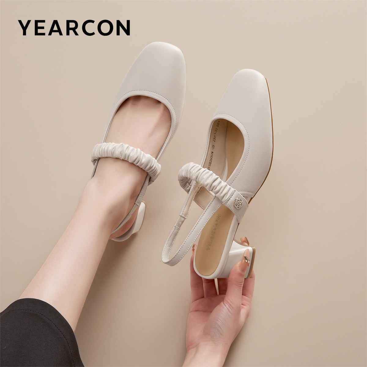 意尔康女鞋夏季真皮包头凉鞋外穿高跟方头粗跟气质通勤法式配裙子