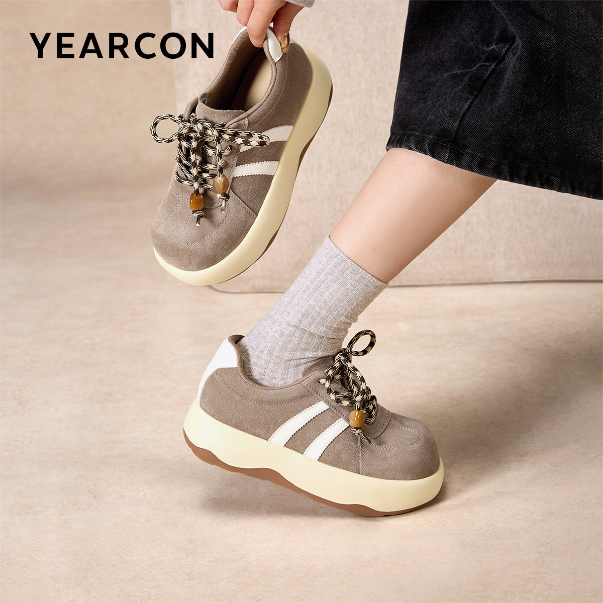 意尔康女鞋春秋季松糕厚底单鞋面包鞋休闲大头鞋运动休闲德训鞋