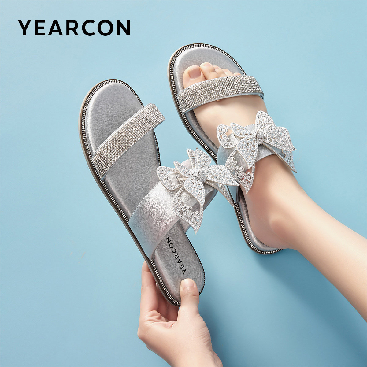 意尔康女鞋夏季女士凉拖平底凉鞋外穿蝴蝶结一字拖海边度假配裙子