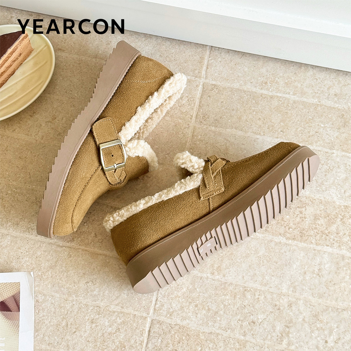 意尔康女鞋冬季加绒保暖棉鞋女士休闲毛毛鞋勃肯鞋复古低帮雪地靴