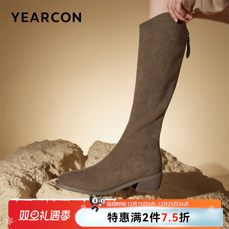 意尔康女鞋冬季女士复古长靴不过膝高筒瘦瘦靴加绒粗跟骑士靴休闲