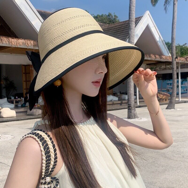 帽子女夏天大檐草编防晒帽空顶帽遮阳帽户外骑行防紫外线沙滩帽潮