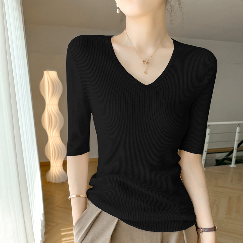 无缝一体薄款精纺100%纯羊毛衫短袖针织打底V领女修身显瘦中袖秋