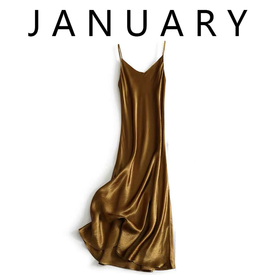 JANUARY~法式轻奢无袖背心吊带连衣裙女夏新款光泽褶皱肌理感长裙