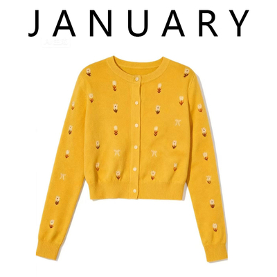 JANUARY秋冬新款百搭圆领花朵刺绣针织开衫女显瘦毛衣外套上衣女