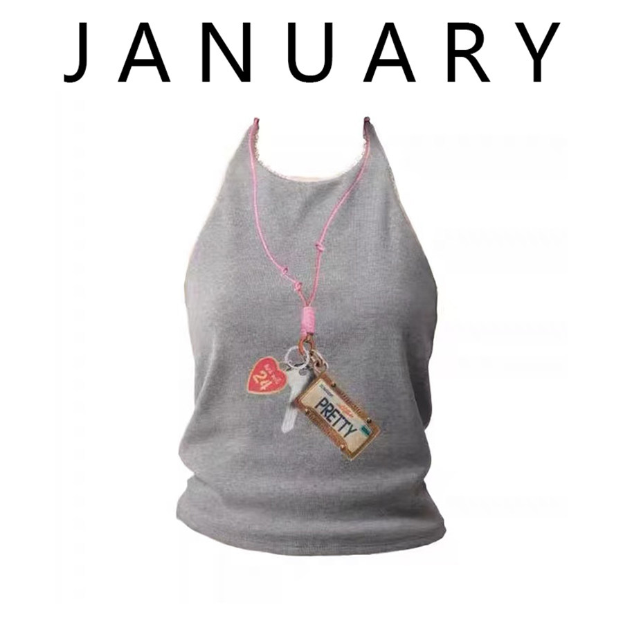 JANUARY一月~设计感浅灰色挂脖露背趣味挂件印花蕾丝花边吊带背心 - 实物图