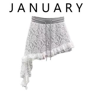 JANUARY一月假两件设计不规则蕾丝卫衣裙半身裙女显瘦A字短裙子夏