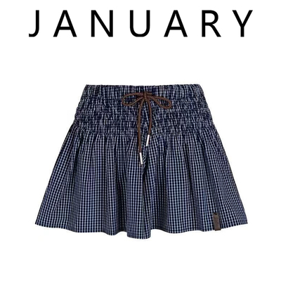 宽松休闲格纹A摆短裙裤女