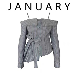 JANUARY一月~法式一字领露肩吊带千鸟格衬衫女蝴蝶结收腰绑带上衣
