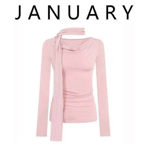 荡领挂脖修身针织长袖T恤女上衣