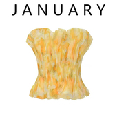 JANUARY一月 印花超好看百搭打揽裹胸抹胸立体压褶收腰上衣女 法式