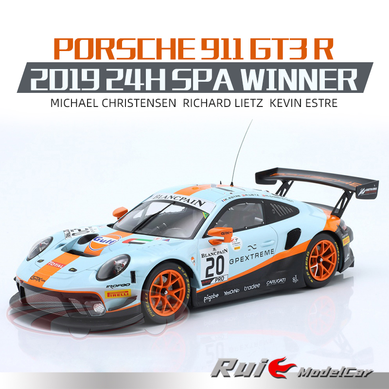 预1:18 IXO保时捷911 GT3 R 2019 Spa 24H耐力赛胜利#20汽车模型