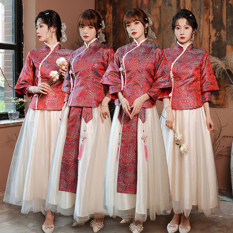 出租赁伴娘服中式中国风大气红闺蜜姐妹团大码礼服旗袍长袖裙显瘦