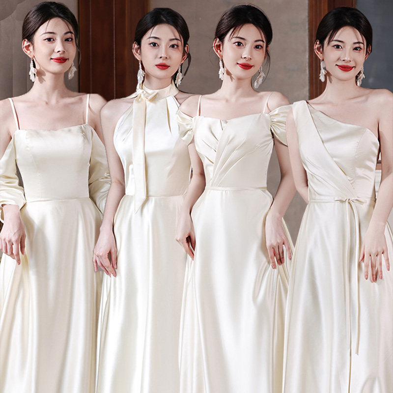 出租赁香槟色缎面伴娘服2026新款秋季小众姐妹团气质显瘦晚礼服裙