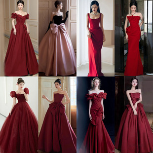 出租赁宴会年会晚礼服新娘敬酒服显瘦新款 订婚红色礼服裙主持人
