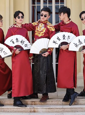 出租赁秋冬季新中式结婚礼服伴郎服男士长衫长袍大褂民国古装相声