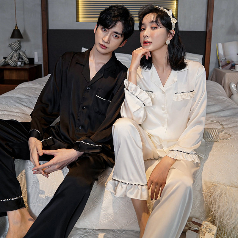 情侣睡衣女士春夏季冰丝长袖家居服春秋夏季薄款仿真丝绸男士套装