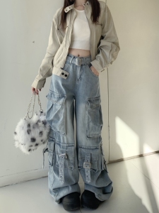 妈个鸡妈MGJM阔腿复古重工多口袋工装牛仔裤水洗宽松裤子男女直筒