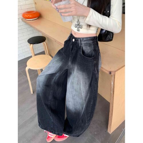 妈个鸡妈MGJM大码水洗复古裂纹磨白弯刀牛仔裤宽松阔腿裤子潮男女