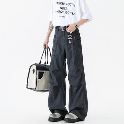 工装牛仔裤春夏宽松阔腿裤子长裤