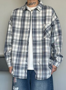 格纹长袖衬衫早春撞色格子外套潮