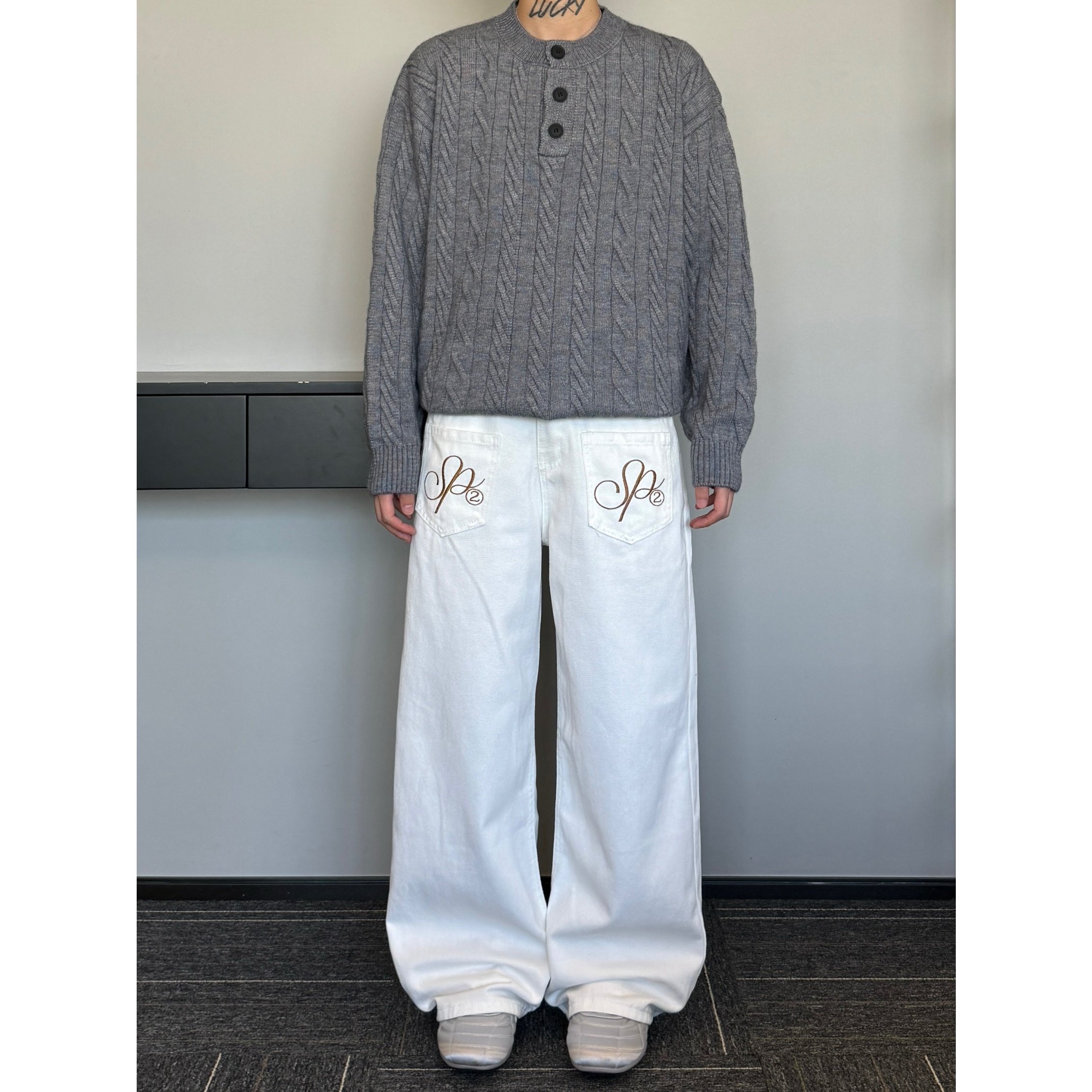 妈个鸡妈MGJM美式街头vibe前口袋牛仔裤白色设计感刺绣长裤男女潮,男装,牛仔裤,淘宝优惠券,粉丝福利购,淘宝优惠卷