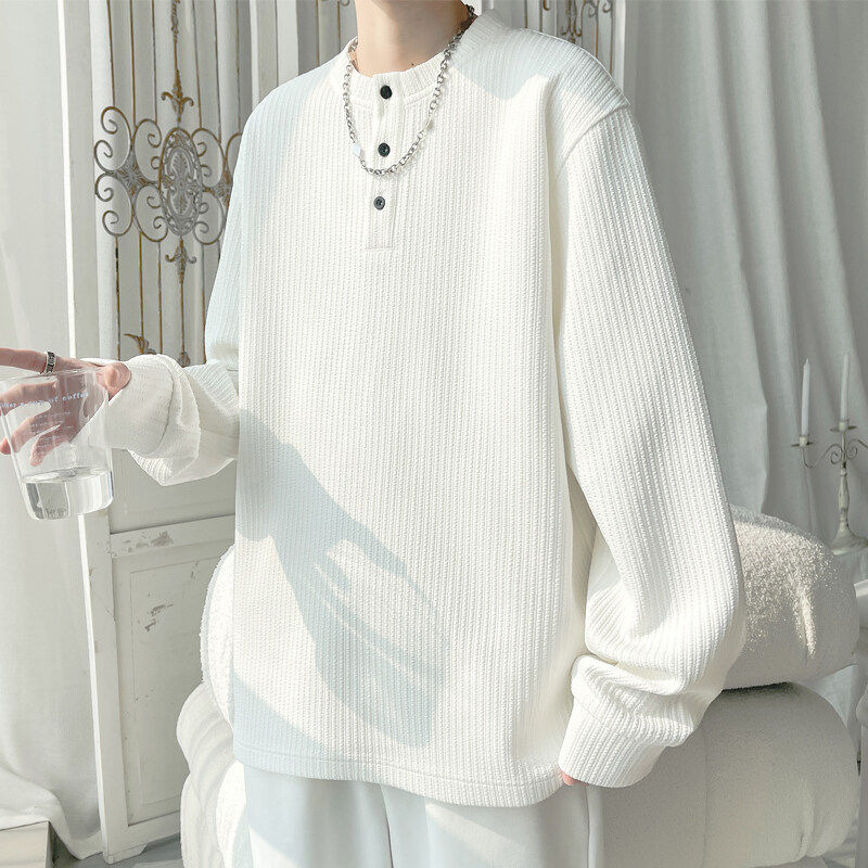 圆领扣子长袖T恤男女内搭上衣潮