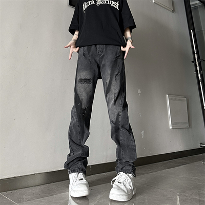 休闲高街刮烂破洞拼接做旧牛仔裤