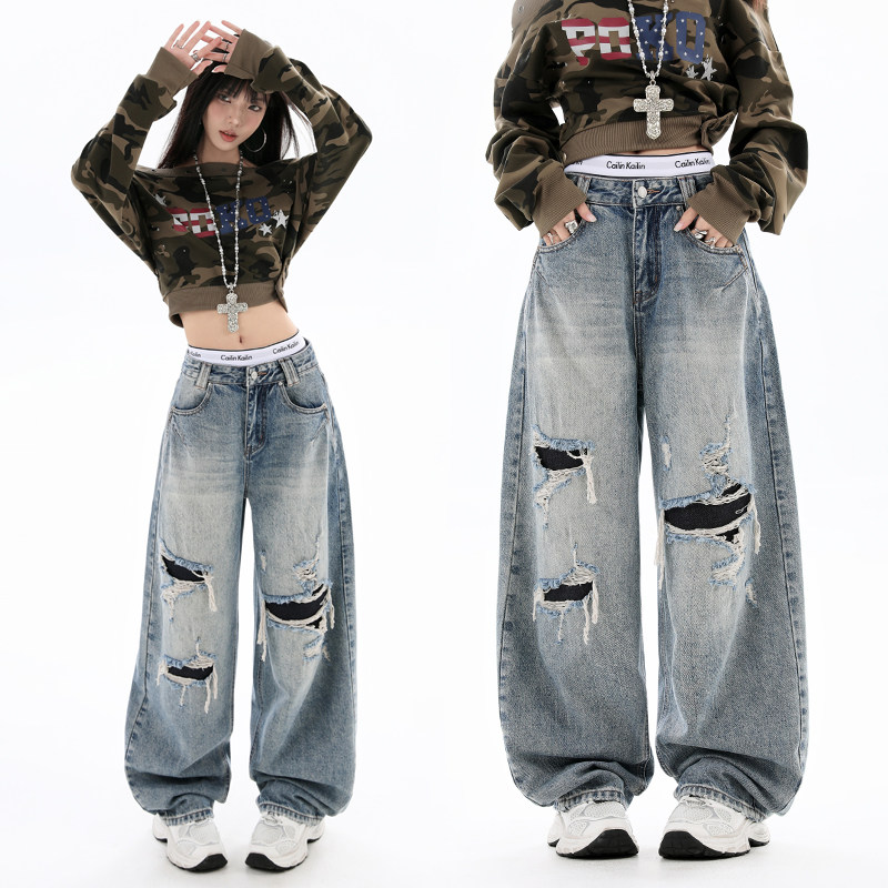 妈个鸡妈MGJM美式复古破洞补丁水洗牛仔裤男女直筒显瘦宽松裤子潮,男装,牛仔裤,淘宝优惠券,粉丝福利购,淘宝优惠卷