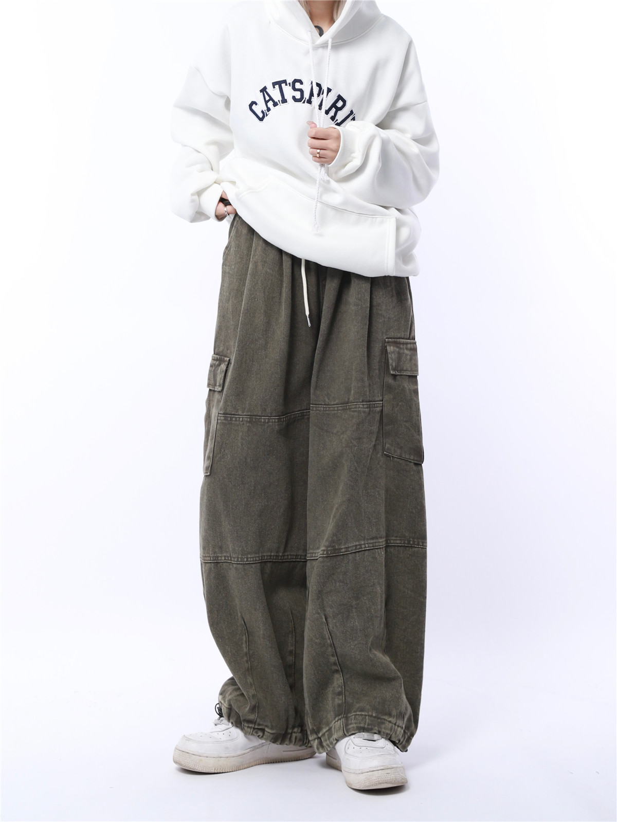 媽個雞媽大口袋闊腿寬松牛仔褲