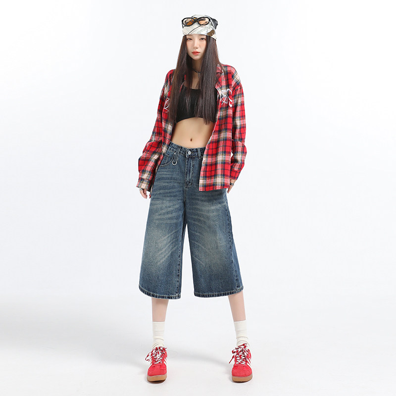 妈个鸡妈MGJM复古美式vibe街头风蓝阔腿七分短裤牛仔裤男女宽松潮,男装,牛仔裤,淘宝优惠券,粉丝福利购,淘宝优惠卷