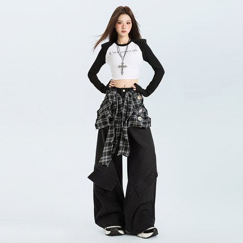 高街阔腿可拆卸屁帘牛仔裤宽松