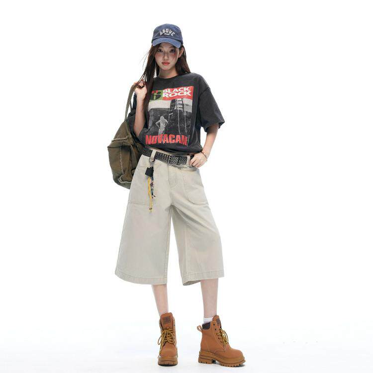 妈个鸡妈MGJM慵懒风卡其杏美式复古反穿设计感宽松阔腿七分牛仔裤