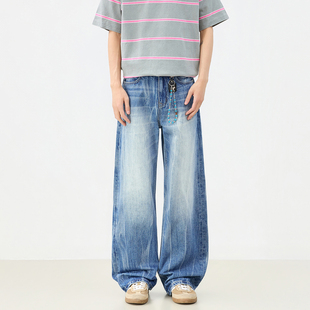 宽松潮 男女百搭直筒裤 妈个鸡妈MGJM美式 复古爆裂纹春夏蓝色牛仔裤