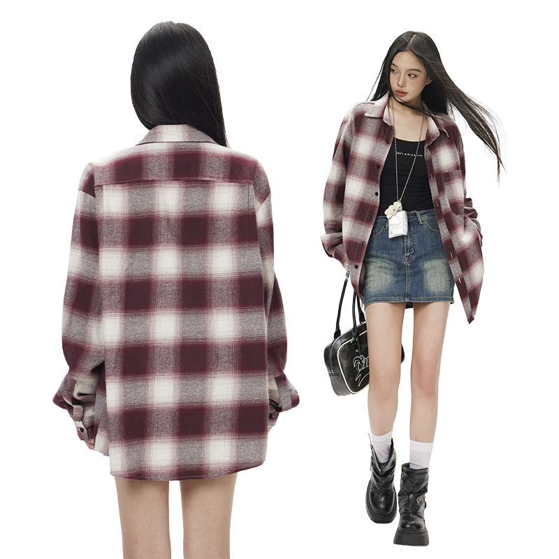 美式复古红白撞色衬衫外套秋季