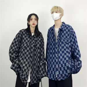 妈个鸡妈 韩国ins秋冬街头美式棋盘格子休闲宽松牛仔夹克外套男女