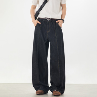 妈个鸡妈MGJM中缝拼接设计复古牛仔裤男春季款分割直筒宽松长裤子