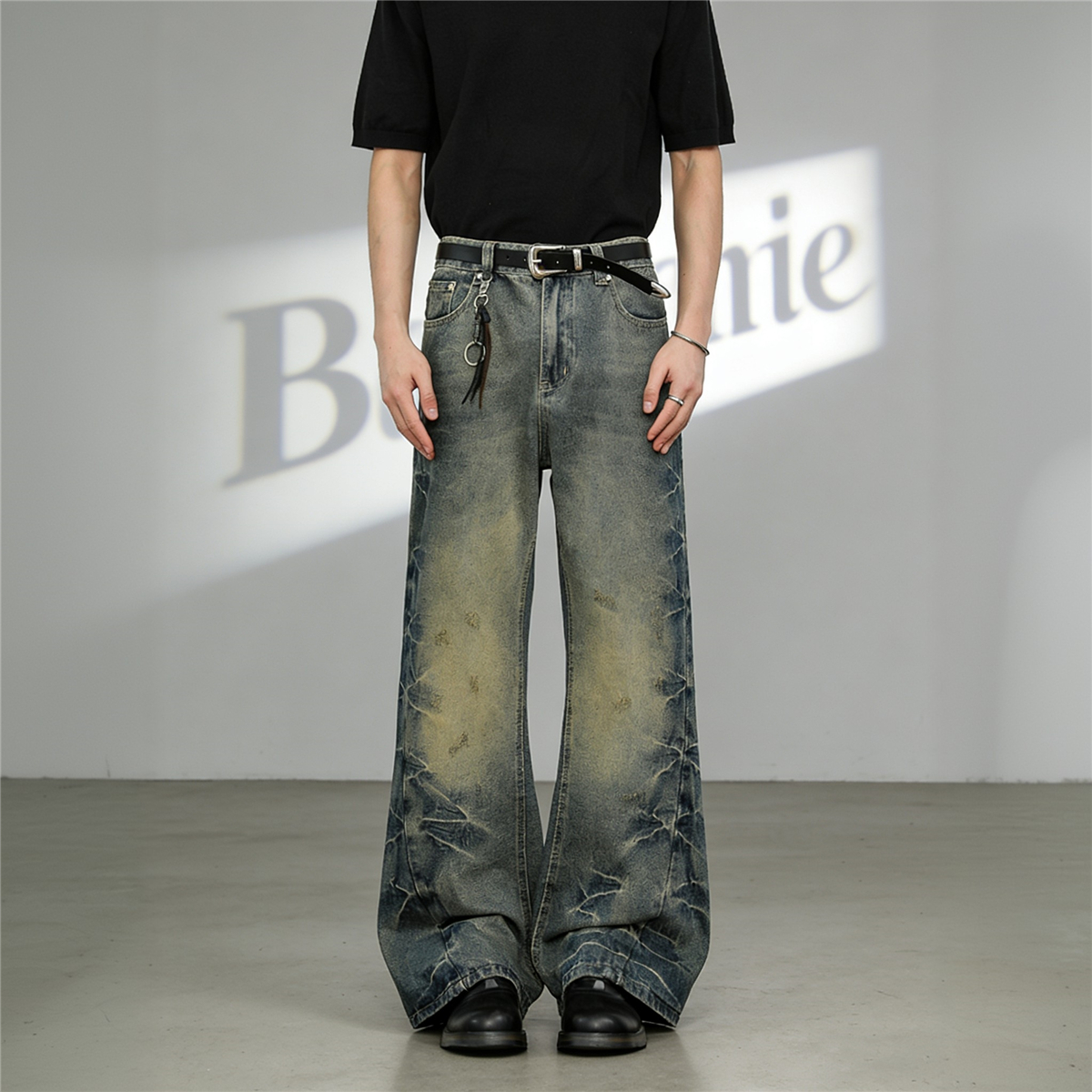 复古cleanfit闪电微喇牛仔裤男女