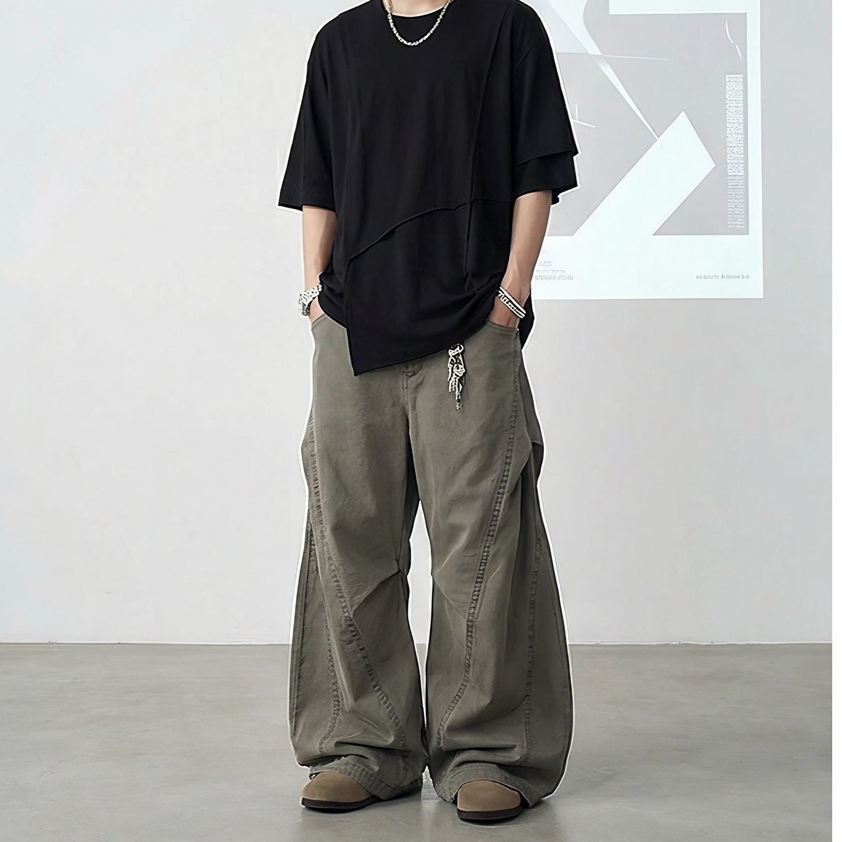 妈个鸡妈MGJM美式复古水洗解构褶皱设计弯刀工装裤休闲裤男女阔腿,男装,休闲裤,淘宝优惠券,粉丝福利购,淘宝优惠卷