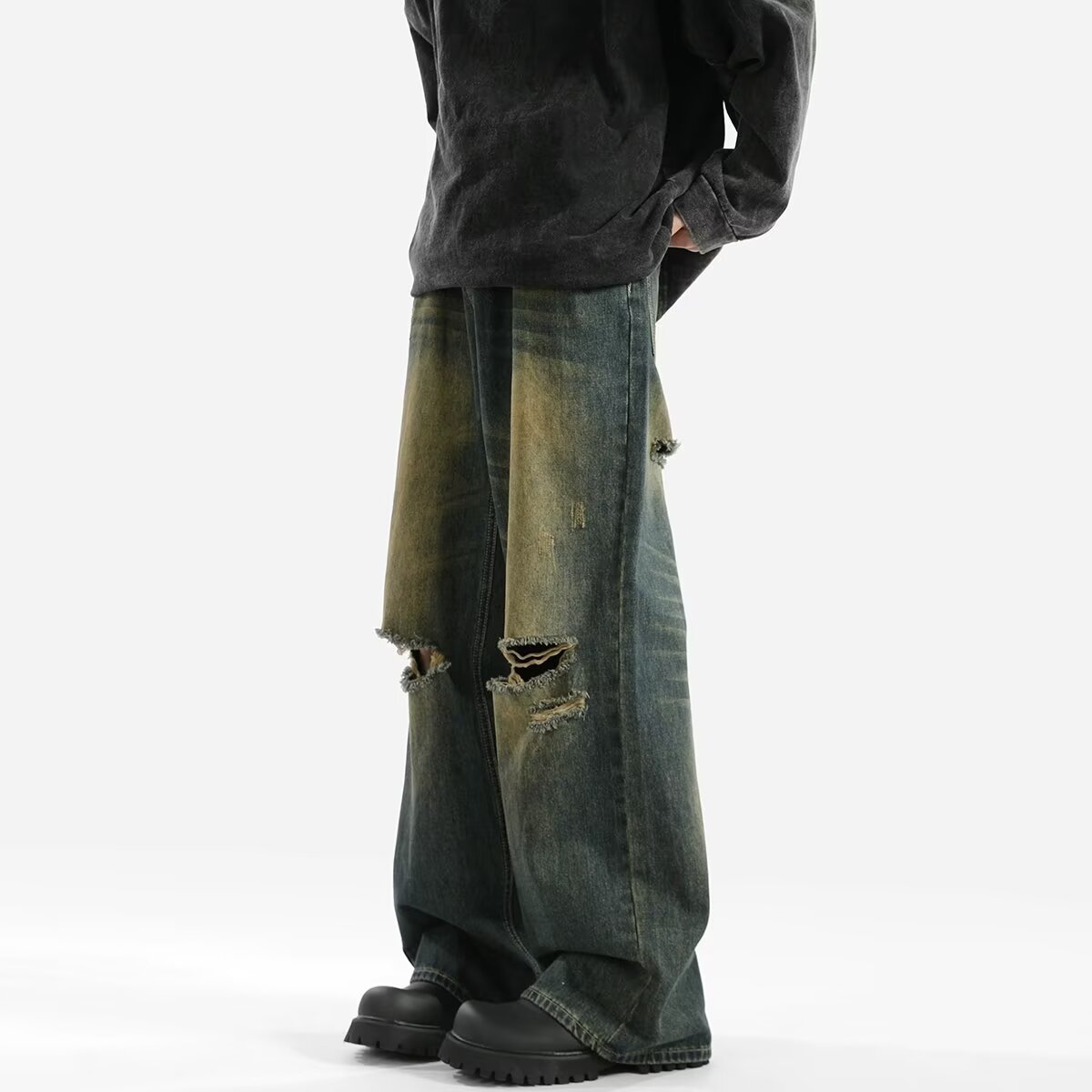 妈个鸡妈MGJM复古做旧刮烂破洞牛仔裤显瘦宽松夏季阔腿长裤潮男女