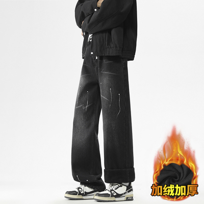 复古水洗泼墨涂鸦猫须牛仔裤加绒