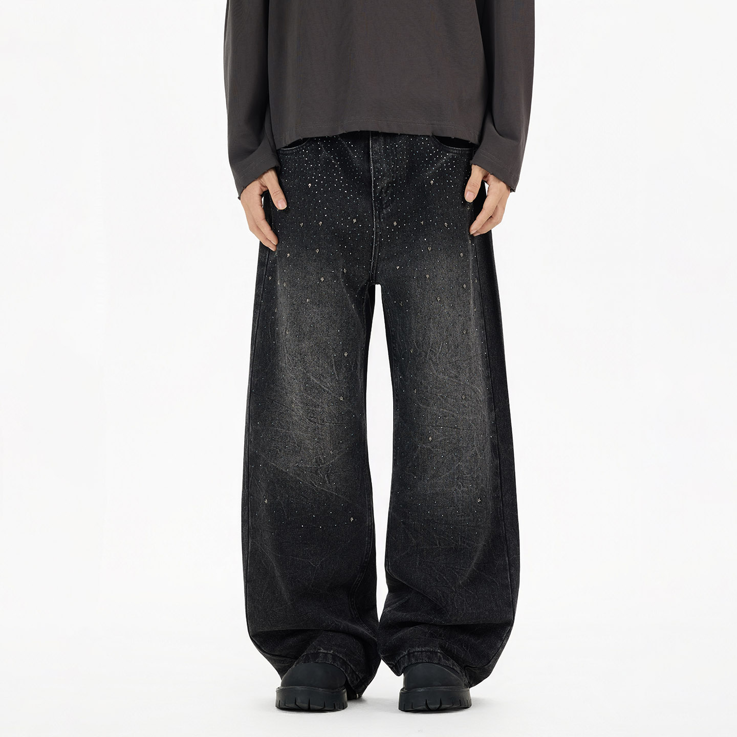 高街美式设计感烫钻满天星牛仔裤